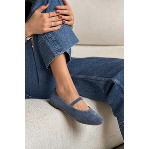 Nişantaşı Shoes Arjun Mavi  Süet Tek Bant Detay Düz Taban Kadın Babet