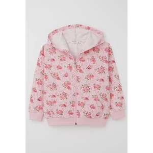 Kız Çocuk Hırka Çiçek Desenli Fermuarlı Kapüşonlu 1.5-5 Yaş, Pembe