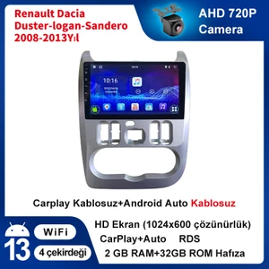 Renault Dacia Duster-Logan-Sandero 2008-2013YIL Android Sürüm 13 Kablosuz Carplay Navigasyon Multimedya 9 Inç Ekran 2g Ram+ 32GB Hafıza Çerçeve ve Arka Görüş Kamerası ile