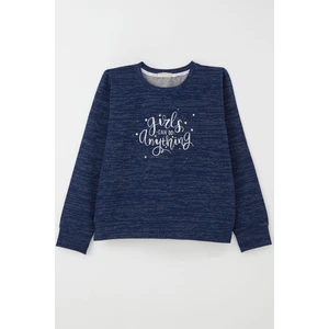 Kız Çocuk Sweatshirt Yazı Baskılı Yıldızlı 9-14 Yaş, Lacivert Melanj