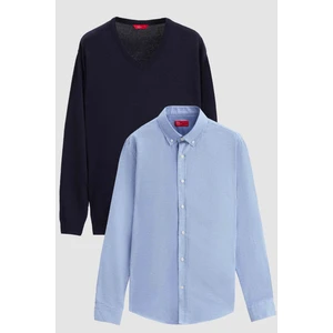 Ds Damat Slim Fit Lacivert Pamuk Karışımlı 2'li V Yaka Triko ve Gömlek