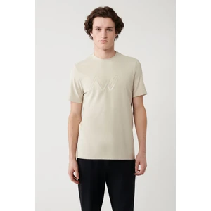 Erkek Bej Bisiklet Yaka Baskılı Soft Touch T-shirt A41y1037