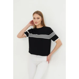 Kadın Bisiklet Yaka Kısa Kol Çizgili Triko Bluz 25111