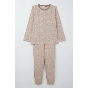 Kız Çocuk Pijama Takımı Bambu Çiçeği Desenli 9-12 Yaş, Bej