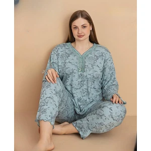 Kadın Büyük Beden Dantel Yaka Bambu Uzun Kol Ince Pijama Takımı 5672 - 1 Adet