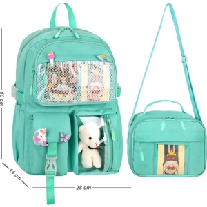 Kawaii Kore Tarzı Aksesuarlı İlkokul Sırt ve Beslenme Çantası Su Yeşili 25002