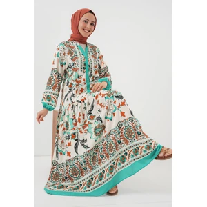 2423 Otantik Desenli Tesettür Elbise - Yeşil 2
