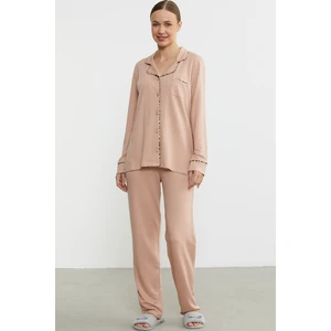 Düz Renk Gömlek Model Pijama Takım - Somon