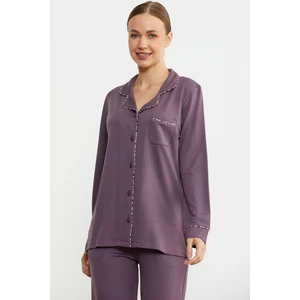 Düz Renk Gömlek Model Pijama Takım - Mor