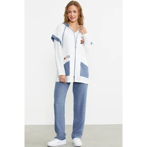 Keten Görünümlü Rahat Kalıp Üçlü Takım - Indigo