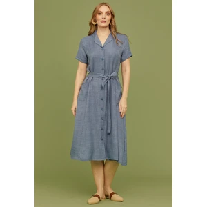 Keten Görünümlü Cepli Gömlek Elbise - Indigo