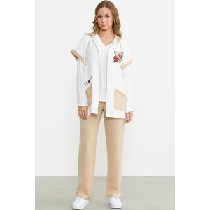 Keten Görünümlü Rahat Kalıp Üçlü Takım - Bej