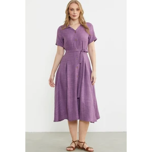 Keten Görünümlü Uzun Gömlek Elbise - Mor