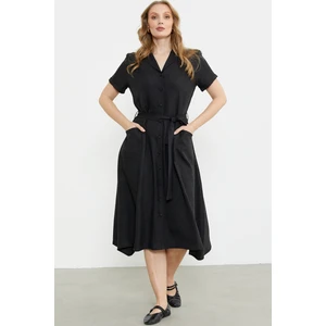 Keten Görünümlü Cepli Gömlek Elbise - Siyah