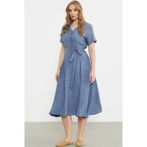 Keten Görünümlü Uzun Gömlek Elbise - Indigo