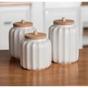 Kitchen Pembelia 3’lü Bambu Kapaklı Porselen Çay, Şeker,tuz,kahve Kavanozu Saklama Kabı