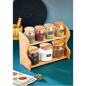 8 Parça Bambu Standlı Cam Baharatlık Seti Baharat Saklama Kabı Baharatlık Cam Kavanoz Takım