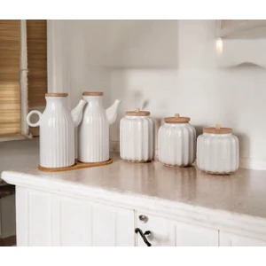 6 Parça Bambu Standlı 2’li 1000 ml Yağdanlık ve 3’lü Porselen Çay Şeker Tuz Kahve Kavanoz Seti