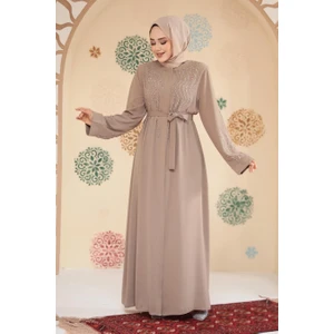 Boncuk Işlemeli Bej Tesettür Abaya 29130BEJ
