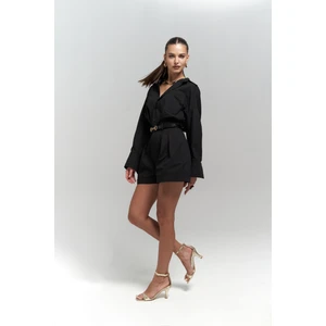 Moaen Kemer Detay Kısa Siyah Tulum