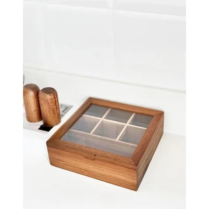 Akasya Ahşap Kapaklı 5 Bölmeli Çay Kutusu 20,5X20,5X6,5 cm Şeffaf Kapaklı Çay ve Kahve Düzenleyici Kutu