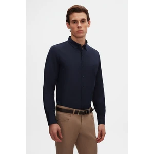 Slim Fit Lacivert Oxford Düğmeli Yaka Kolay Ütülenebilir Nakış Detaylı Pamuklu Gömlek 4HC02ORT03265