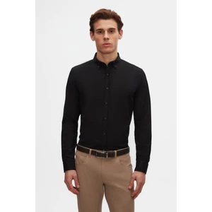 Slim Fit Siyah Oxford Düğmeli Yaka Kolay Ütülenebilir Nakış Detaylı Pamuklu Gömlek 4HC02ORT03265