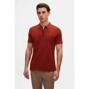 Slim Fit Kiremit Pike Dokulu Yarım Fermuarlı Polo Yaka T-Shirt 4EC14ORTFRPLO
