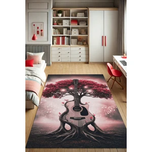 The Reef Design Kırmızı Ağaç ve Gitar Figürlü Halı Dijital Baskılı Kaymaz Tabalı Yıkanabilir Yazlık Halısı