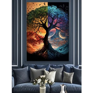 Dört Mevsim Ağaç ve Gezegen Dekoratif Kanvas - Mdf Ahşap Tablo
