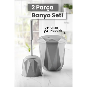 2 Parça Vanity Klik Kapaklı Banyo Seti - Dekoratif Banyo Düzenleyici Çöp Kovası Wc Klozet Fırça Seti