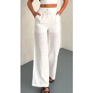 Kadın Keten Beli Lastikli Palazzo Pantolon - Astarlı Rahat Kesim Bol Paça Yazlık Palazzo