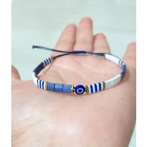 Funny Takı Hematit Doğaltaşlı Nazar Boncuklu Asimetrik Lacivert Beyaz Miyuki Tila Unisex Bileklik