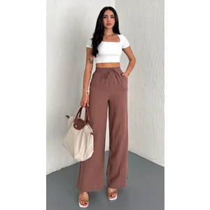 Kadın Keten Beli Lastikli Palazzo Pantolon - Astarlı Rahat Kesim Bol Paça Yazlık Palazzo