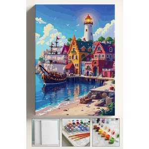 Sayılarla Boyama Çerçeveli Hobi Seti Numaralı Tuval Fırça Boya Dahil Kasnaklı 40X50 cm Liman Manzara