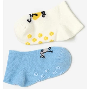 Bebek Kedi Desenli 2'li Step Çorap Ekru-Mavi