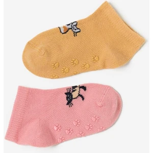 Bebek Kedi Desenli 2'li Step Çorap Pembe-Kahverengi