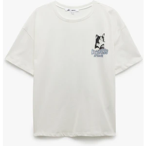 Kısa Kollu Bisiklet Yaka Pamuklu Kedi Baskılı Oversize Tişört