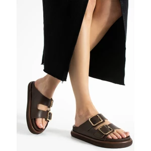 Arandis Kadın Hakiki Deri Çift Tokalı Koyu Kahverengi Terlik