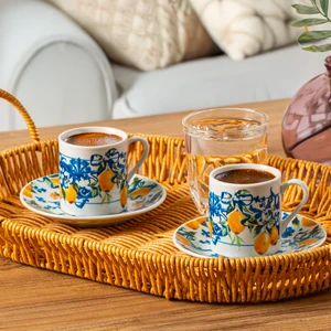 01 Porselen 12 Parça 6 Kişilik Limon Ağacı Türk Kahvesi Fincan Takımı Seti 90 ml