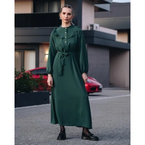 Kadın Çağla Yeşili Önü Düğmeli Kuşaklı Yakası Fırfırlı Jessica Ayrobin Elbise Şık
