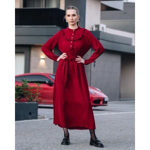 Kadın Bordo Önü Düğmeli Kuşaklı Yakası Fırfırlı Jessica Ayrobin Elbise Şık