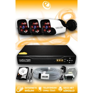 3 Kameralı Panda 3 Dış Kamera Set 250 GB HDD Full HD Gece Görüşlü Güvenlik Kamerası Sistemi