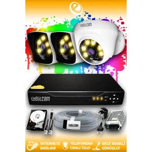3 Kameralı Kare 1 İç Kamera Set 250 GB HDD Full HD Renkli Gece Görüşlü Güvenlik Kamerası Sistemi