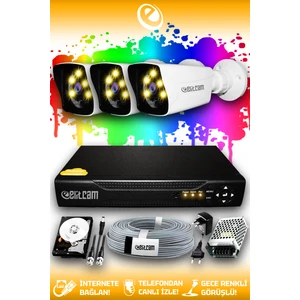 3 Kameralı Kare 3 Dış Kamera Set 320 GB HDD Full HD Renkli Gece Görüşlü Güvenlik Kamerası Sistemi