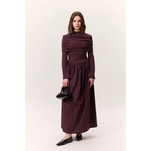 Geniş Etekli Uzun Elbise Bordo