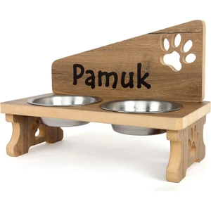 Özel Isim Baskılı Çelik Kaseli Ahşap Kedi Köpek Mama ve Su Kabı Standı Mdf 2X350 ml