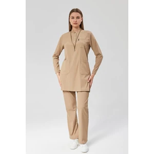 Happiness Modest - Likralı Doktor Hemşire Tesettür Forma Takımı Scrubs Üniforma Cerrahi Takım, Bej