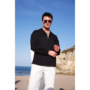 Erkek Siyah Renk Örme Ottoman Kumaş Uzun Kol Gömlek