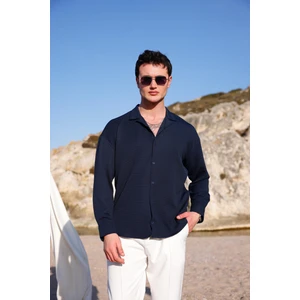 Erkek Lacivert Renk Örme Ottoman Kumaş Uzun Kol Gömlek